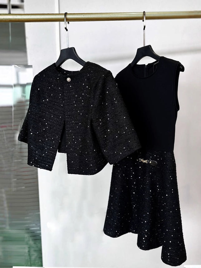 M Home~2025 Spring Sequined French Black Cropped Jacket with Vest Dress Small Fragrant Style Suit Short Style