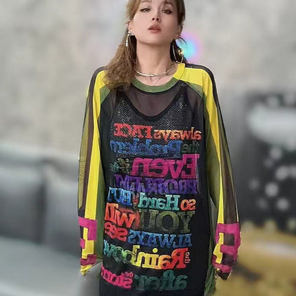 Contrast Color Mesh T-Shirt Bottoming Shirt for Women Creative Military Green Printed Loose Mid-Length Pullover Sun Protection Mesh Shirt Top t