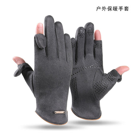 Warm Gloves for Autumn and Winter, Men's and Women's Models, Soft, Windproof, Cold-Proof, Non-Slip, Fingerless, Suede Full-Finger Cycling Gloves