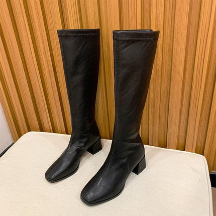 High-Top Knight Boots for Women, Large Size 41-42, Over-The-Knee Boots, 2025 Winter New Style, Plush Thick Heel Square Toe Boots