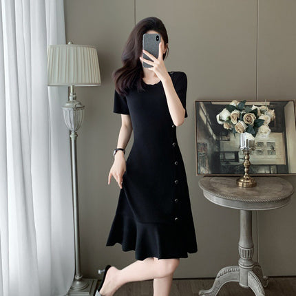 Cross-border French Style Retro Hepburn Style Black dress Women's Gentle and Elegant Summer New Style Elegant Slim-fit Knitted Dress
