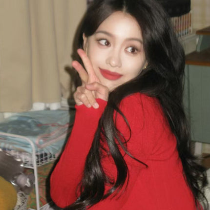 Star Same Style Red Knitted dress Women's Christmas New Year's Daily Engagement Toast Dress Black Tea Style Sweater Dress