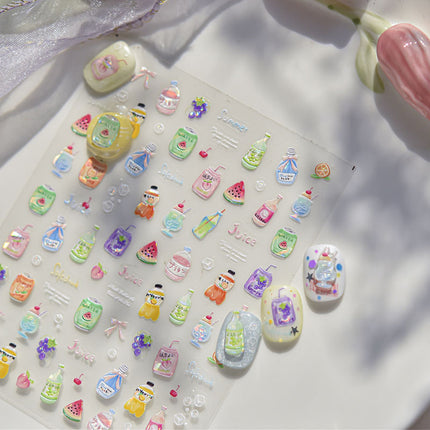 Summer Ice Drink Nail Art Stickers Embossed 3D New 5D Stereo Popular Ins Soda Dessert Nail Sticker Decoration