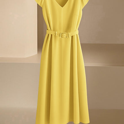 Amazon Spring and Summer New Skin-Friendly and Comfortable V-Neck Fashionable and Elegant Work Clothing Casual Pure Color Mid-Length Skirt & Without Belt