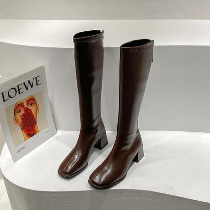 High-Top Knight Boots for Women with Plush Lining, 2025 Autumn and Winter New Style, Petite Knee-High Boots with Chunky Heels and Square Toe, Plus-Size Boots
