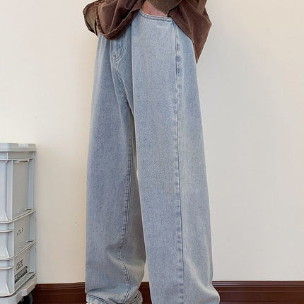Men's Loose Casual American-Style Jeans, Washed Vintage Blue Floor-Length Casual Pants, Straight-Leg Jeans