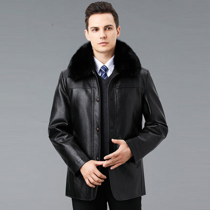 Brand Winter Warm Thick Leather Jacket Men's Real Fur Collar Removable down Jacket Lining Middle-Aged and Elderly Button Top