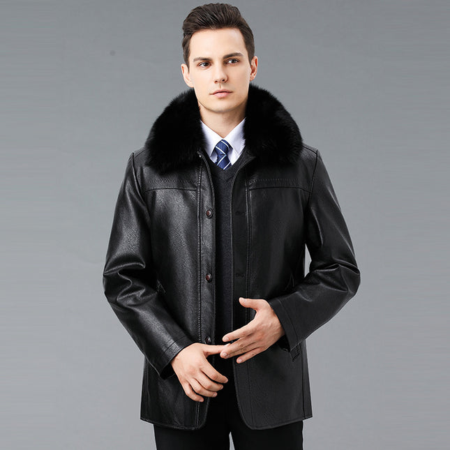 Brand Winter Warm Thick Leather Jacket Men's Real Fur Collar Removable down Jacket Lining Middle-Aged and Elderly Button Top