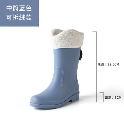 Cross-border New High Rain Shoes Women's Online Popular Fashion Water Boots Solid Color Waterproof Non-slip Warm Outer Wear fleece-lined Warm Boots