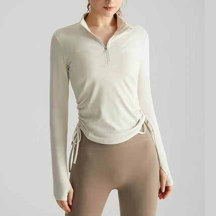 Chuanton Long-Sleeved Fitness Clothing Tops for Women Half-Zip Stand-Up Collar Drawstring Pleated Slim Outer Wear Sports Yoga Clothing