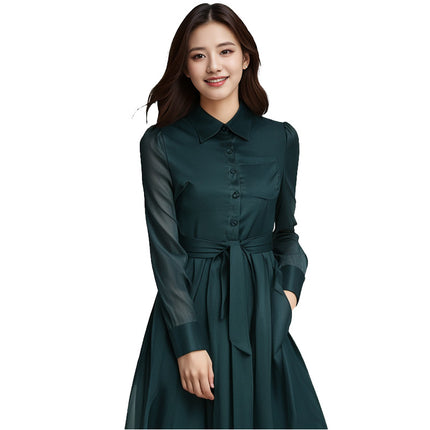 Star with 2024 early autumn women's lapel long sleeve dark green buckle waist long temperament socialite dress