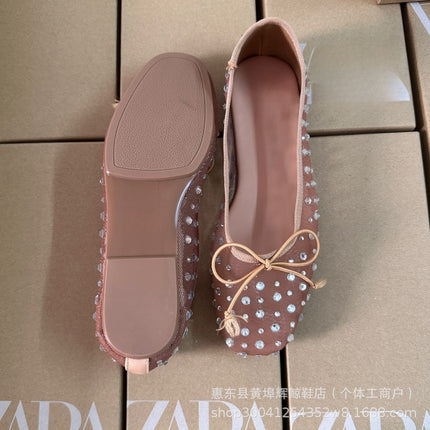 Za Manufacturer Breathable Mesh Sandals with Rhinestone Bow and Starry Sky Ballet-Style Flat Shoes European and American Ballet