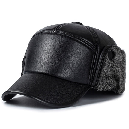 Hat Men's Winter Middle-aged and Elderly PU Leather Warm Ear Protection Winter Hat Grandpa Dad fleece-lined Old Man Cotton Hat