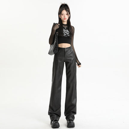 Black Leather Pants for Women, 2025 Spring and Autumn New Style, Straight-Leg, Loose, High-Waisted, Slimming, Narrow Wide-Leg Pu Leather Pants