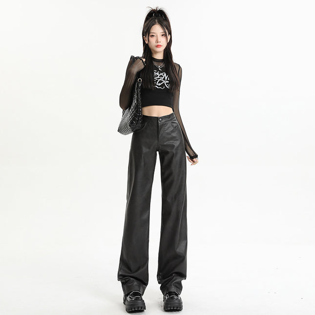 Black Leather Pants for Women, 2025 Spring and Autumn New Style, Straight-Leg, Loose, High-Waisted, Slimming, Narrow Wide-Leg Pu Leather Pants