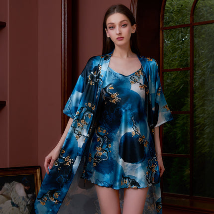 Cross-border printed nightgown suit women summer sexy ice silk middle sleeve plus size bathrobe silk bridal morning gown manufacturers wholesale