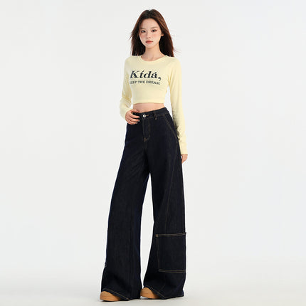 American Denim Blue Jeans for Women, Autumn New Style, Pocket Design, Large Straight Loose Lazy Floor-Length Wide-Leg Pants