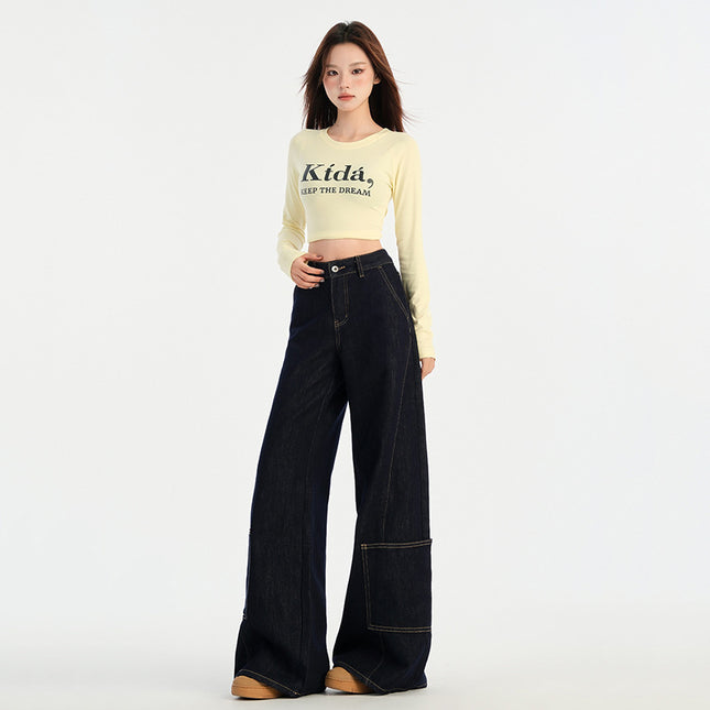 American Denim Blue Jeans for Women, Autumn New Style, Pocket Design, Large Straight Loose Lazy Floor-Length Wide-Leg Pants