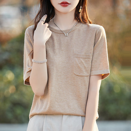 24 New Summer ShorT-sleeved T-shirT Women's Round Neck Pullover Simple Half-sleeved T-shirT Fine ImiTaTion Wool KniTTed Top Loose
