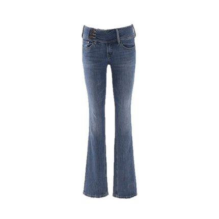 American Retro Stretchy Low-Rise Three-Button Design Flared Jeans for Women, New Slim-Fit Jeans for Spring and Autumn