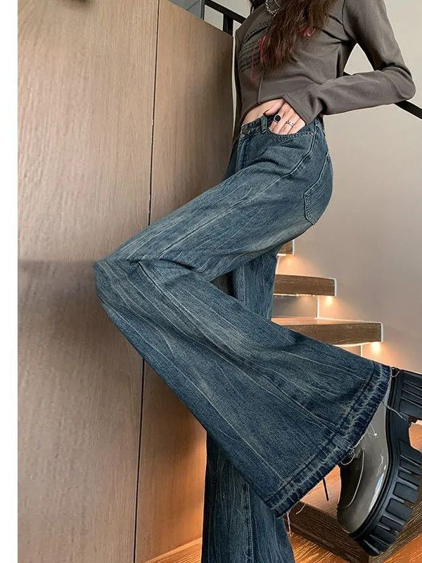 Trendy American-Style Loose Retro Flared Jeans High-Waisted Slimming Floor-Length Bell-Bottom Pants for Summer