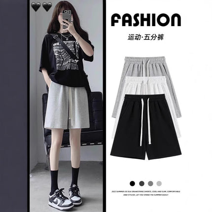 Women's Summer Loose Straight-Leg Sports Shorts, Hong Kong Style, Slimming, Casual, Trendy Ins Wide-Leg Mid-Length Gray Shorts, 5-Point Shorts