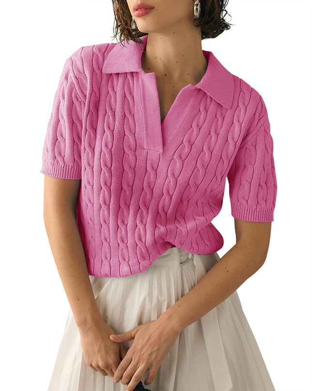 2025 Export Amazon European and American Clothing Polo Collar Short-Sleeved Knitwear Women's Casual Pure Color Cable Knitted Knitwear