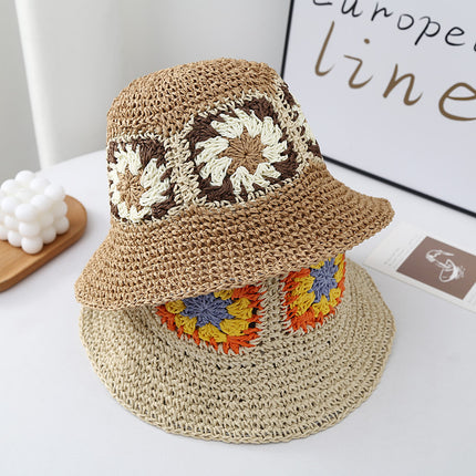 Trendy Floral Woven Straw Hat Summer Sun Protection Sunshade Fisherman Hat Foldable Wide Brim Face-Slimming Beach Vacation