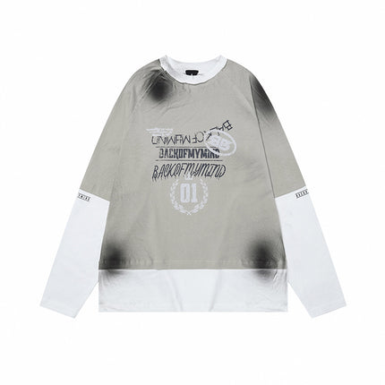 # OVDY 260g blockbuster new spray-painted fake two-piece jacket neckline shoulder stitching burr long sleeve T-shirt national tide