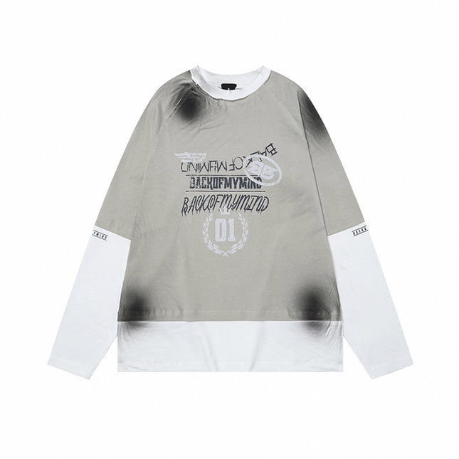 # OVDY 260g blockbuster new spray-painted fake two-piece jacket neckline shoulder stitching burr long sleeve T-shirt national tide