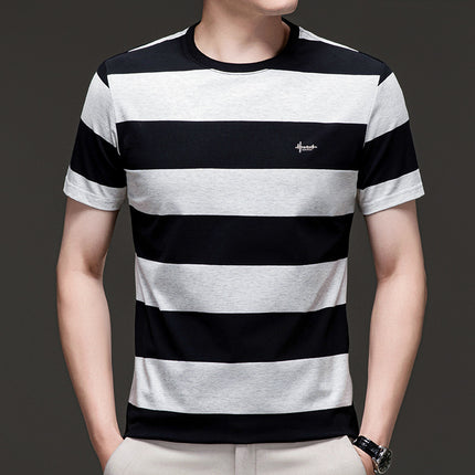 Mingdi Mouse Men's Summer New Casual Short-sleeved Crewneck Plus Size T-shirt Business Striped Pure Cotton Men's T-shirt