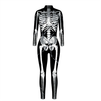Cross-border popular skeleton ghost clothing 3D digital printing Halloween cosplay play clothing women's tight jumpsuit