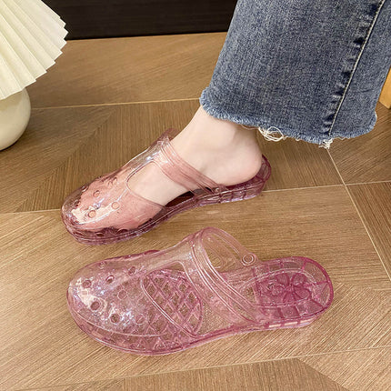 Princess Transparent Slippers Women's Outer Wear Summer New Hollow Flat Baotou Sandals and Slippers Bath Plastic Shoes