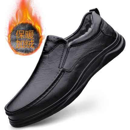 Men's Business Leather Shoes, First-Layer Cowhide, Comfortable Slip-On Soft Leather, Velvet, Thickened Warm Cotton Shoes, Middle-Aged Leather Shoes