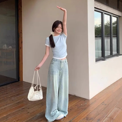 American Retro High Waist Jeans Women's Spring and Autumn Loose Mop Pants Straight Leg Pants Fashionable All-match Wide Leg Pants