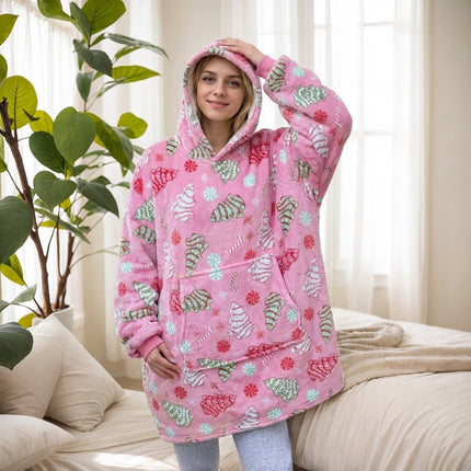 Lazy Blanket Cross-Border Christmas Pajamas Women's Nightgown Flannel Extended Length Vertical Pocket Hoodie Blanket