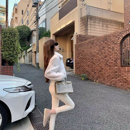 Wuuus [Korean women's leggings] white high waist fleece-lined pipe pants women's autumn and winter nine Denim pants slim
