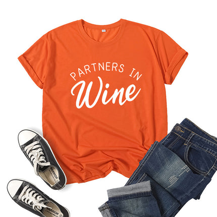 Foreign Trade Cross-border PARTNERS IN WINE Printed Short-sleeved Crewneck T-shirt European and American Men's and Women's Top Loose Casual