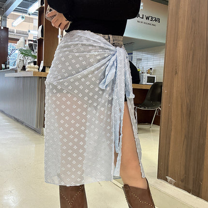 Falling pool knitted ~ spring and summer see-through mesh lace flower stitching lace split skirt apron fart curtain overlapping