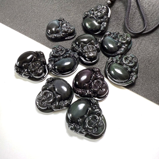 Crystal Obsidian Buddha Pendant for Men and Women, Maitreya Buddha Necklace, Laughing Buddha Pendant, Direct Supply Rainbow Eye