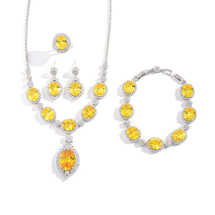 European and American fashion four-piece jewelry caibao zircon necklace suit high temperament earrings jewelry suit multicolor