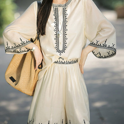 | Provence · Embroidered suit | 2024 Summer Retro Round Neck Light Luxury Small Shirt Casual Shorts suit Women