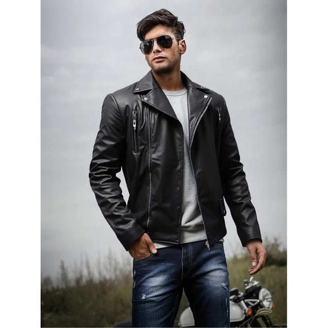 Cross-Border European and American Slim-Fit Men's Leather Jacket Casual Motorcycle Jacket Motorcycle Clothing American Retro Pu Leather Jacket