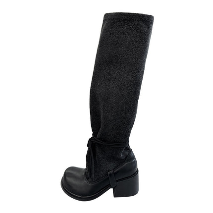 2025 New Trendy Street Style Chunky Heel Platform Slimming Riding Boots Slip-On Lace-Up Stylish Slouch Boots Fashion Boots Trend