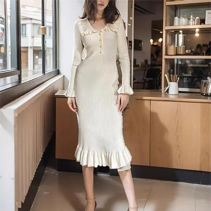 Ruffled Dress Knitted Skirt Autumn and Winter New Sweater Skirt 2025 Retro Lady European and American Cross-Border French Skirt