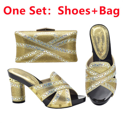 Cross-border Evening with Hot Diamond Shoe Bag Hollow High Heel Round Toe Sandals with Hand Bag Fashion Dinner suit