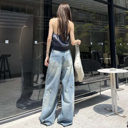 Wholesale Dropshipping Retro Ripped Wide-Leg Jeans for Women, Loose Slimming High Street Straight Pants, Casual Pants, Floor-Length Pants