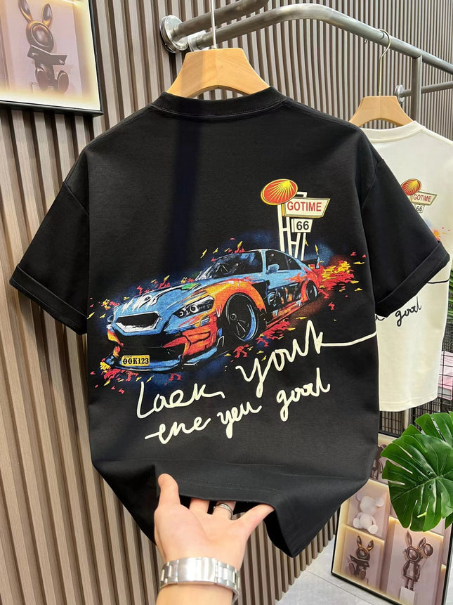 Trendy Pure Cotton Letter Short-Sleeve Men's Summer Loose Plus-Size Casual T-Shirt Stylish American Couple Top New Arrival
