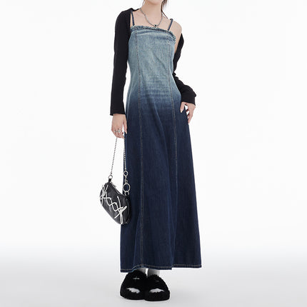 Gradient Denim Suspender Skirt for Women 2026 New Style Elastic Waist Slimming Mid-Length A-Line Skirt with a High-End Feel