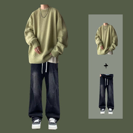 Lazy Style Sweater Men's Spring and Autumn Casual suit Set Matching Jeans Men's Sweater Fashion Two-piece Set